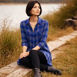 Anthropologie Holding Horses Halfpenny Plaid Tunic Hi-Low Boho Top M Blue